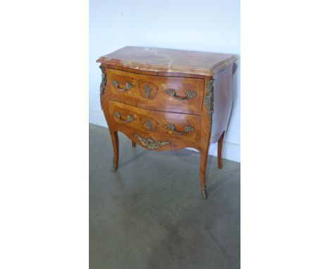 A French marquetry inlaid bombe shaped two drawer commode chest with a shaped marble top having ormolu mounts - Height 84cm x