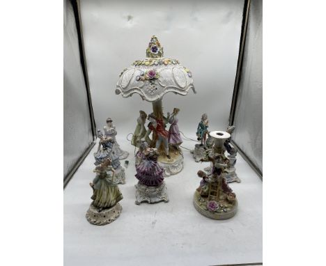 Large Capodimonte Figural Lamp Along With Five Capodimonte Figurines, Coalport Golden Age Eugenie Figurine And One Other.
