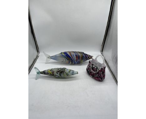 Two Blown Glass Murano Fish Figurines along with Murano Art Glass Handbag. 