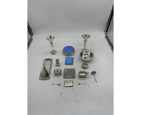 Collection Of Hallmarked Silver To Include Cigarette Case, Condiment Set, Enameled Crystal Ashtray and Cigarette Case and Oth