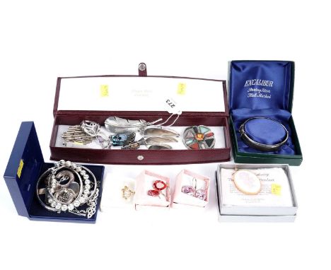 A selection of silver and costume jewellery, including: a Scottish silver quartz specimen stone brooch; a silver amethyst bra