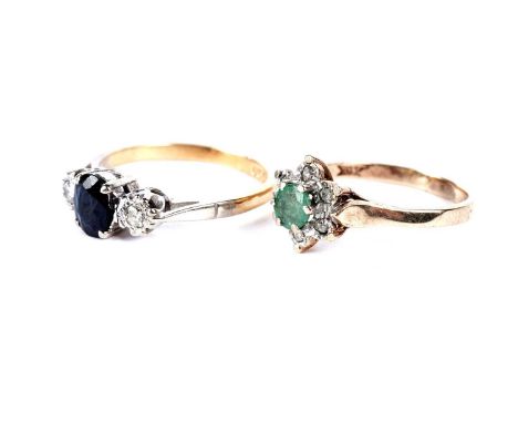 A sapphire and diamond ring, the oval sapphire flanked by diamonds is illusion setting, in 18ct gold mount, ring size M; toge