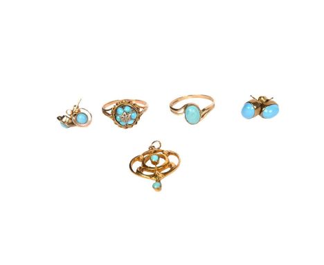 A selection of turquoise jewellery, including: an Art Nouveau pendant in 9ct gold mount; a diamond and turquoise cluster ring