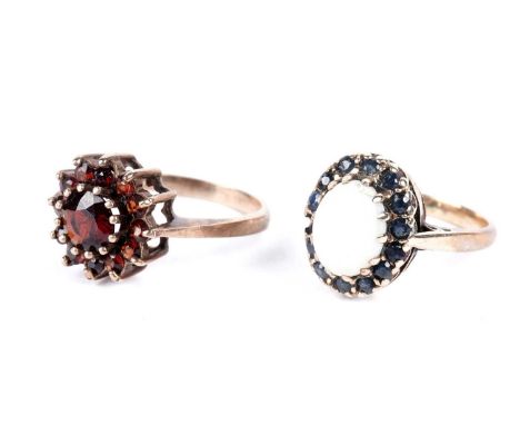 A garnet cluster ring, in 9ct rose gold, size O; and an opal and blue spinel cluster ring, in yellow gold, stamped "9ct", 7.0