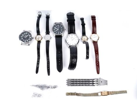 A Longines stainless steel lady's wristwatch, on black strap, with papers; together with a selection of wristwatches by maker