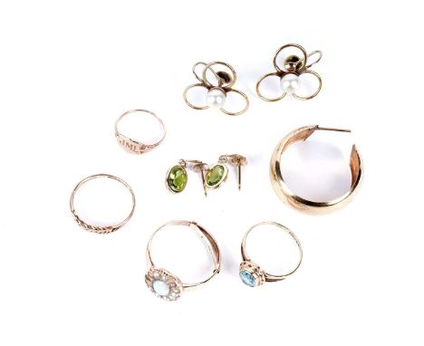 A selection of gold and other jewellery, including: an opal and seed pearl cluster ring, in yellow gold, with sizer stamped "