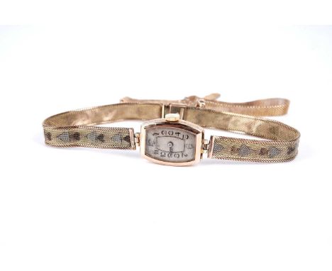 An Art Deco 9ct gold cased lady's manual wind cocktail wristwatch, on a tri-colour bracelet strap with heart motif decoration