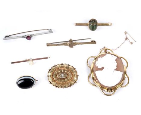 A selection of brooches, including: an opal and diamond bar brooch, in rose gold, unmarked, 2.0g gross; a scarab beetle bar b