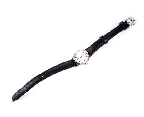 An Omega 9ct gold cased lady's manual wind wristwatch, London 1974, on later black strap.