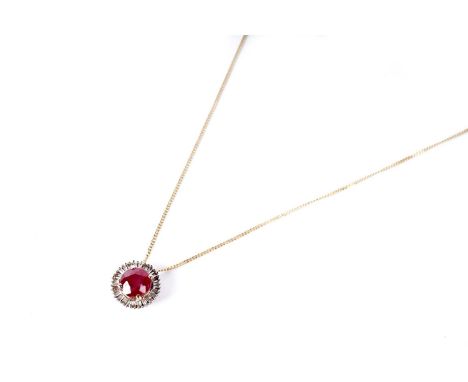 Amendment - a synthetic ruby and diamond cluster pendant, the faceted round ruby within a halo of baguette cut diamonds, in y