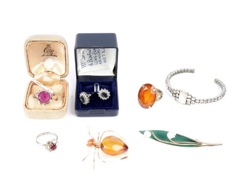 A selection of costume jewellery, including: a gilt metal insect pattern brooch, stamped indistinctly, 38mm high; an orange s