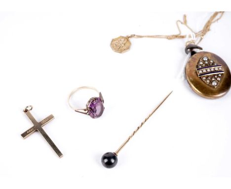 A selection of gold and other jewellery, comprising: a 9ct gold crucifix pendant, 3.3g gross; a 9ct gold St Christopher penda