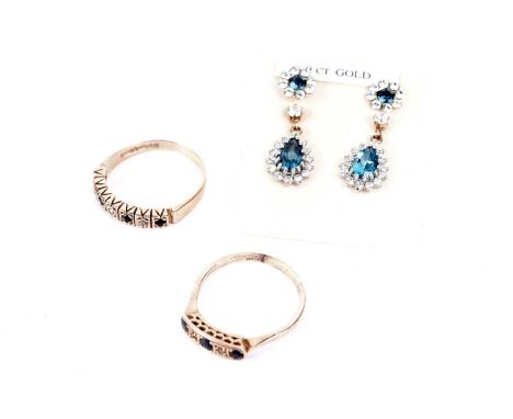 A diamond and sapphire half hoop eternity ring, in 9ct rose gold, size R, 2.5g gross; a diamond and blue stone ring, in rose 