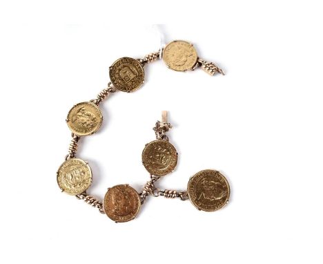 An early 20th Century Peruvian Republica Peruana Lima gold coin bracelet, comprising six 1/2 Libra gold coins, most 1907-1908