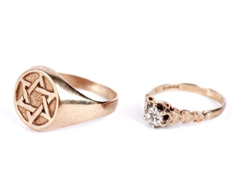 A Star of David signet ring, in 9ct yellow gold, size V; and an illusion set single stone diamond ring, in 9ct gold, 8.2g gro