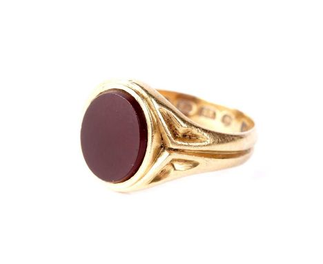 A Victorian carnelian signet ring, Birmingham 1879, in 22ct yellow gold, size M, 5.0g gross.