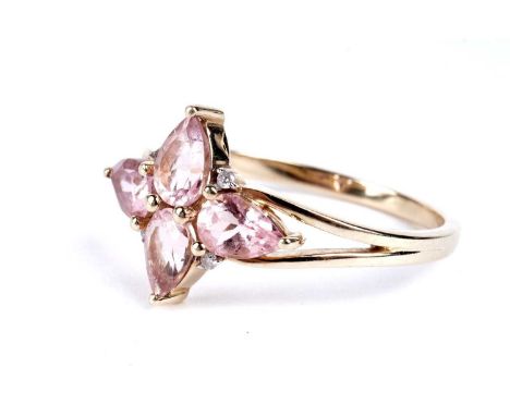 A Cherry Blossom morganite and pink diamond flower cluster ring, in 9ct yellow gold, size R 1/2, 2.7g gross, with Gemporia ce
