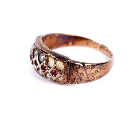 A late Victorian ruby and pearl dress ring, Birmingham 1893, in 15ct yellow gold, size L, 2.0g gross.