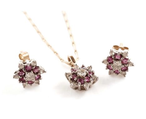 A diamond and ruby cluster pendant, in white gold setting with yellow gold bale, 15mm high including bale, on yellow gold cha