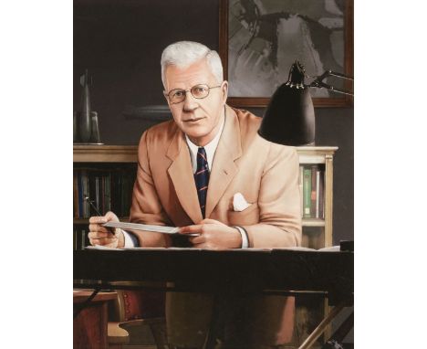 * Wallis (Barnes Neville, 1887-1979). Portrait of Barnes Wallis at his desk holding a pencil and slide rule in the light of a