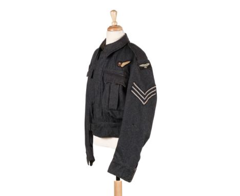 * Royal Air Force. A WWII RAF Aircrew blouse, blue cloth with Navigator's cloth badge and Sergeant's stripes to arm, with tai