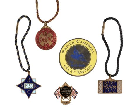 * Brooklands Automobile Racing Club. A collection of enamelled membership badges, comprising 1923 BARC, reverse numbered 575,