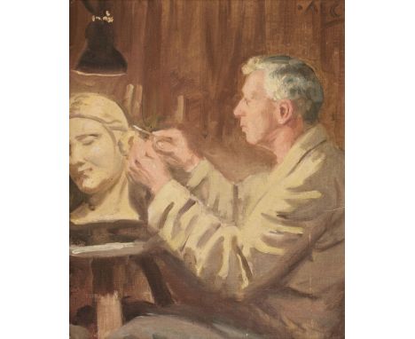 ARR * Cooper (Alfred Egerton, 1883-1974). Portrait of Barnes Wallis sculpting a wood carving of his wife Molly, c.1950s, oil 