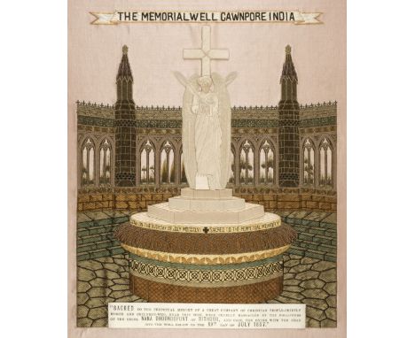 * Cawnpore Massacre. A Victorian silk work memorial, showing The Memorial Well, Cawnpore, India, with the inscription "Sacred
