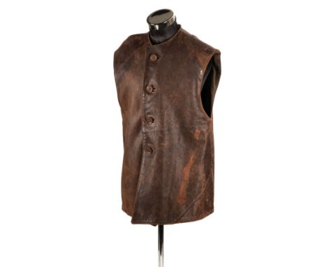 * Jerkin. A WWII military brown leather jerkin, having 3 buttons to the front, green cloth lining and tailors label by Selinc