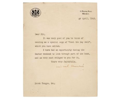* Churchill (Winston Spencer, 1874-1965). Typed Letter Signed, ‘Winston S. Churchill’, as prime minister, 10 Downing Street, 