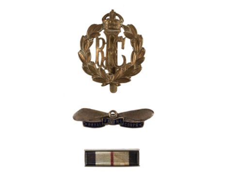 * WWI Royal Flying Corps. Rare silver-mounted service ribbon lapel brooch, circa 1914-1918, together with RFC silver-plated &