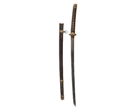 * Sword. A WWII period Japanese Katana, the 61.5cm curved steel blade with gilded copper habaki, the bronze tsuba with flower