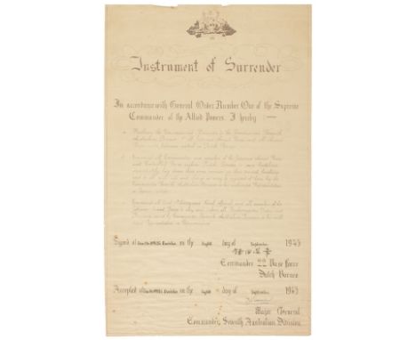 * Japanese Instrument of Surrender. Lithographically-printed document completed and signed in manuscript on board HMAS Burdek