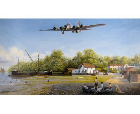 * Perring (Bill, 20th century). Flying Fortress, 1993, oil on canvas, showing a Flying Fortress flying over Pin Mill, River O