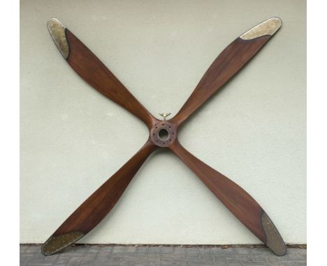 * Propeller. A rare WWI FE2b 4-blade mahogany pusher propeller c.1916, brass sheathed tips, various stamps including 160 HP B