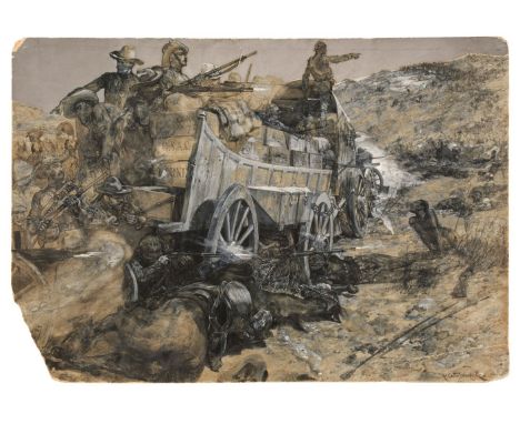 * Woodville (Richard Caton, 1856-1927). Attack on the Laager of Wagons, 1893, watercolour and gouache on card, signed lower r