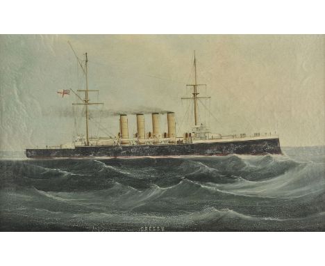 * Anglo-Chinese School. H.M.S. Cressy, circa 1900, unsigned oil on board of the battleship H.M.S. Cressy in profile, with shi