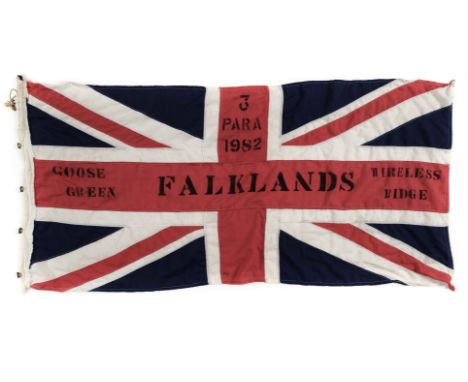 * Falklands War. A British Flag of 3 Para 1982, the large union jack cloth flag printed in black 3 PARA 1982, GOOSE GREEN, FA