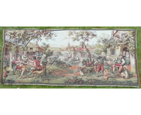 Two Jacquard woven tapestry panels, Chateau Chillon and Swiss rural scene, each 24" x 68", unframed 