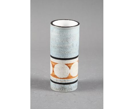 A Troika cylindrical light blue, white, black and orange glazed vase with circle designs 