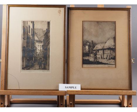 Two Philip Youngman Carter etchings, farming scene and a street scene, in strip frames, and a quantity of other prints and wa