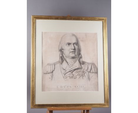 A framed lithograph of Louis XVIII and a hand-coloured engraving, armorial bearings of George III, in gilt frame 