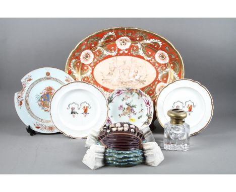 A pair of Spode Feldspar porcelain armorial plates, 10” dia (one restored), a Davenport meat plate (heavily restored), a Chin