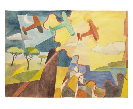 GIULIO D'ANNA (1908-1978)Paesaggio simultaneo + aerei Caproni signed 'G. D'Anna' (lower centre)gouache, watercolour and penci