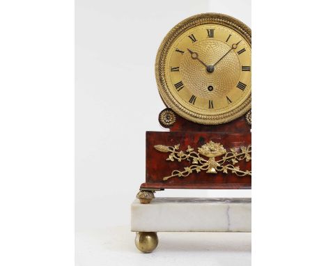 A Regency ormolu, tortoiseshell and marble mantel clock, early 19th century, by William Hardy, 28 Coppice Row, London, with e