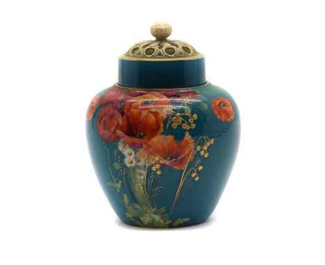 A Royal Worcester porcelain pot pourri  by William Ricketts, painted with poppies to a turquoise ground, signed, printed mark