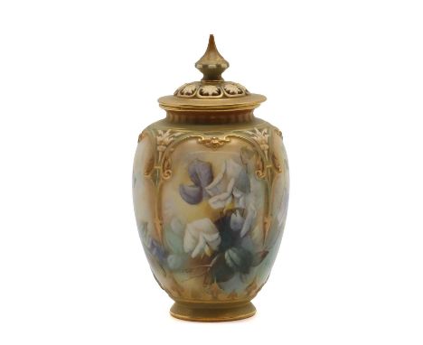 A Royal Worcester porcelain pot pourri  by Albert Shuck, 1906, with painted flowers, signed, printed marks, no. 169B20cm high
