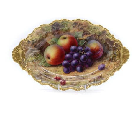 A Royal Worcester porcelain dish by Thomas Lockyer, of oval form, decorated with painted fruit, printed marks, 1925 date code