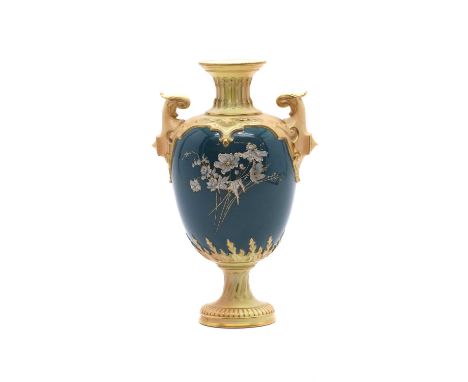 A Royal Worcester porcelain twin-handled vase blush ivory, with gilt flowers to a blue ground, printed marks, date code 1896,