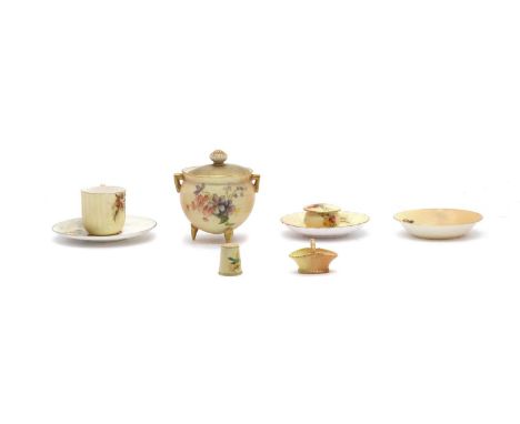 A collection of miniature Royal Worcester porcelain items comprising a pot and cover, date code, 1903, 9cm high, another exam